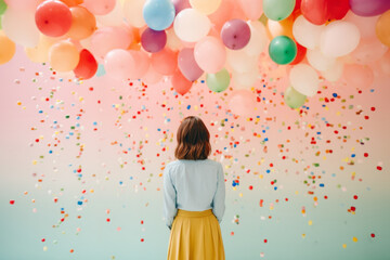 Young girl with balloons and confetti. Party concept.