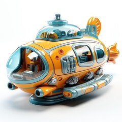A toy submarine is shown on a white surface.