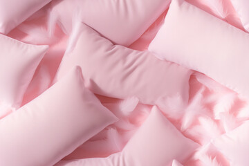 Background made of white pillows and one cotton cloud on serenity pastel pink background. Sleeping concept.