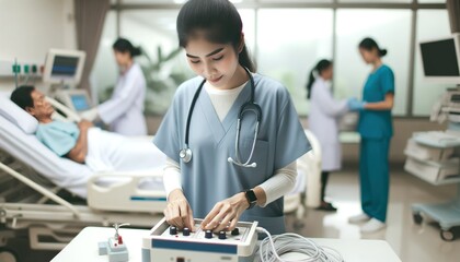 Obraz premium Nurse Preparing Medical Equipment in Hospital Ward