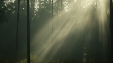 Sunbeams filtering through trees in a forest, creating a serene and peaceful atmosphere.