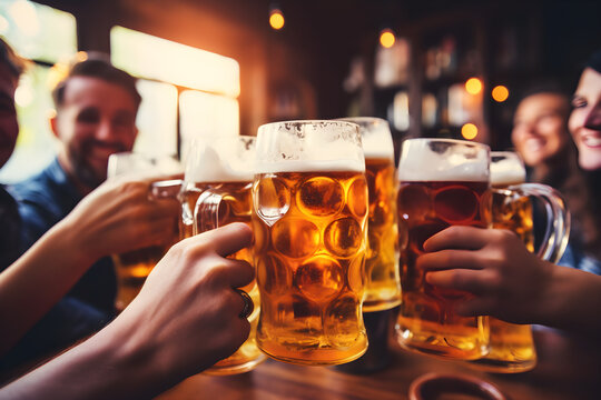 Close-Up von H&auml;nden mit Bierkr&uuml;gen beim Zuprosten im Pub erstellt mit generativer KI