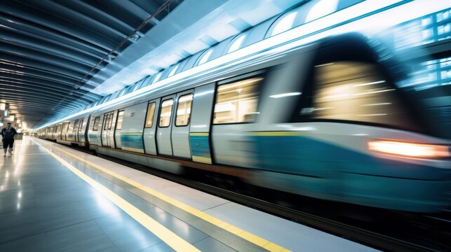 A sleek train gliding through a subway station, showcasing modern design and efficient transportation.