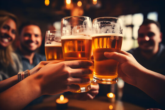 Close-Up von H&auml;nden mit Bierkr&uuml;gen beim Zuprosten im Pub erstellt mit generativer KI