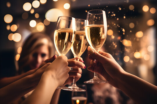 Close up von Händen mit Sektgläsern beim Zuprosten auf Party, erstellt mit generativer KI