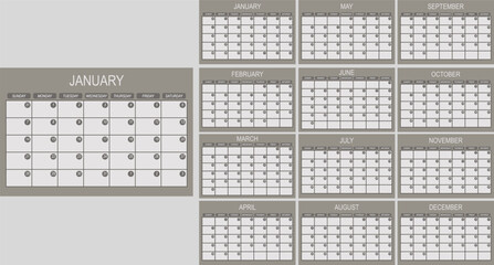 2024 year calendar template. Business, personal planner. 12 month pages. A week starts on Monday. Vector Minimalistic style