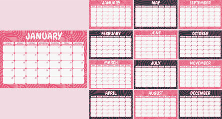 2024 year calendar template. Business, personal planner. 12 month pages. A week starts on Monday. Vector cartoon style pink colour pattern