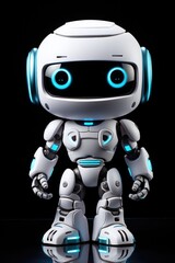 A white robot with blue eyes standing in front of a black background.