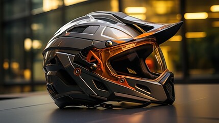 Motorcycle helmet standing on a table.