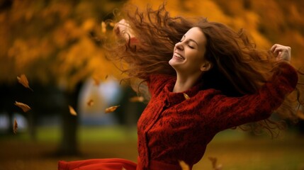 A woman in a red dress joyfully throws colorful autumn leaves into the air.