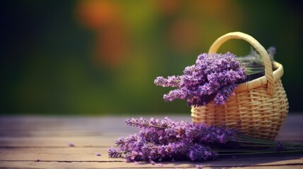 A basket of lavender flowers on a wooden table.
