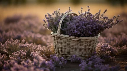 Zelfklevend Fotobehang Lavender flowers arranged in a basket, creating a beautiful and fragrant display. © OKAN