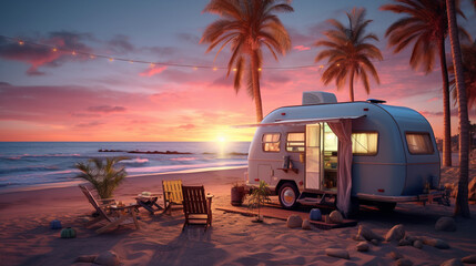 camping car van for recreation on the ocean. Generative AI - obrazy, fototapety, plakaty