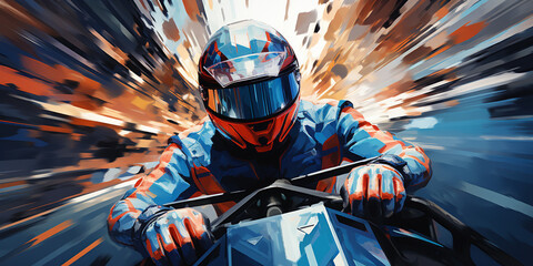 A man rides fast on a motorcycle or ATV wearing a protective helmet, extreme sports theme