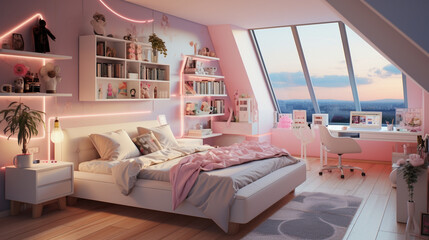 Stylish interior of a room for a teenage girl with a comfortable bed and workplace