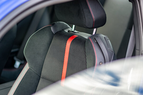 Blue sports car Subaru BRZ. Sports fast car. Detail of the seat.
