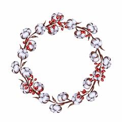 Round wreath from cotton flowers and red berries, hand drawn marker illustration in watercolor technique. For postcards, greeting cards, stickers, magnets, invitations, any Christmas or winter decor