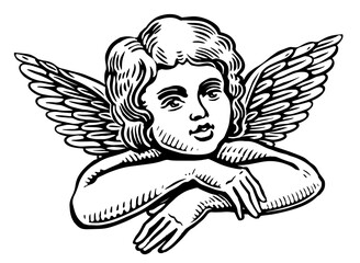 Cute baby angel with wings. Hand drawn Cherub sketch engraving style illustration