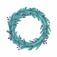 Round wreath from fir branches and blueberries, hand drawn marker illustration in watercolor technique. For postcards, greeting cards, stickers, magnets, invitations, any Christmas or winter decor - obrazy, fototapety, plakaty