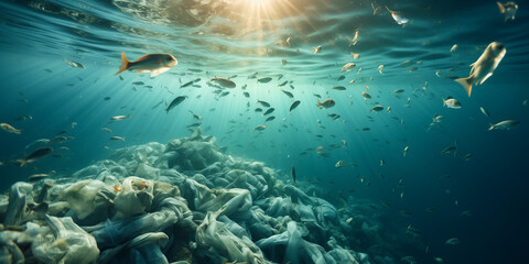 Fototapeta premium Environmental disaster fish swim among plastic in the sea
