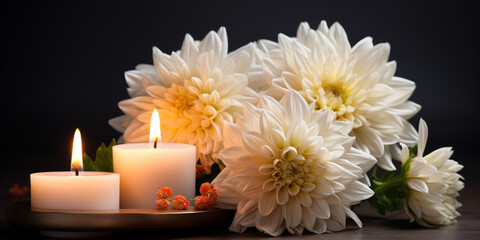 white chrysanthemums on a black background with candles, funeral concept
 - obrazy, fototapety, plakaty