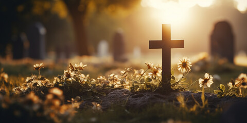 cross and flowers in the cemetery, loss of loved ones - obrazy, fototapety, plakaty