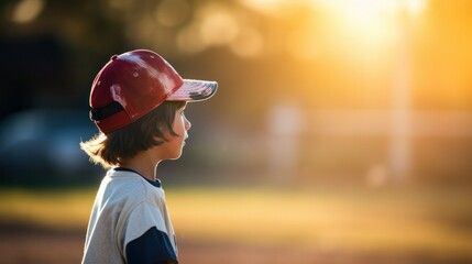 A young boy wearing a baseball cap on a field, ready to play. - Powered by Adobe