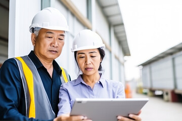 Engineer Supervising Construction Site with Man, Woman, and Tablet