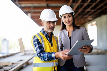 Engineer Supervising Construction Site with Man, Woman, and Tablet