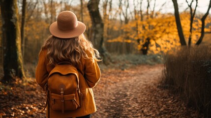 Woman walking with her back turned on a rural road in autumn.