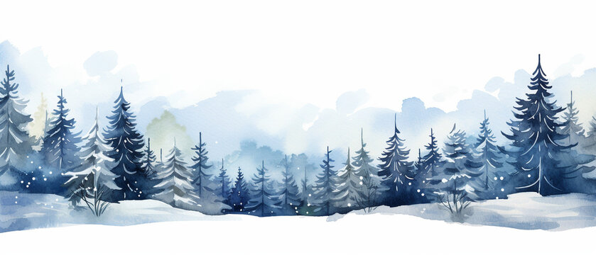 Watercolor background drawn landscape of foggy forest Wild nature, frozen, misty, taiga. Mountain slope foggy forest. Generative ai