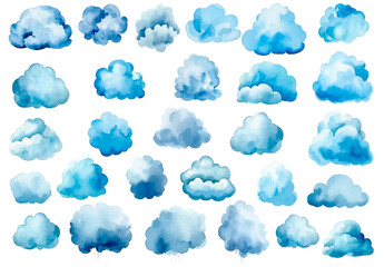 Vector watercolor painted blue clouds. Hand drawn design elements isolated on white background. - obrazy, fototapety, plakaty