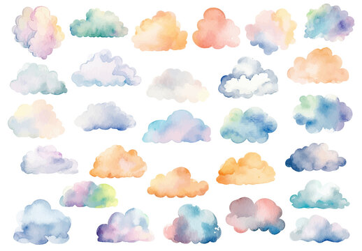 Vector watercolor painted colorful clouds. Hand drawn design elements isolated on white background.