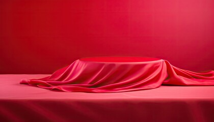 Cylinder podium covered with cloth on a red background. - obrazy, fototapety, plakaty
