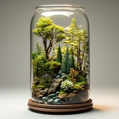 A glass jar filled with plants and rocks.