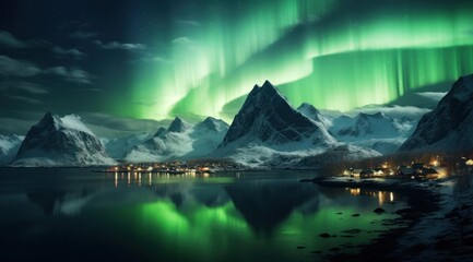 Stunning northern lights dance above a snowy mountain range and a calm bay with reflections