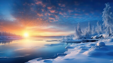 Fototapeta premium The rising sun colors the clouds over a serene snowy river landscape with frosted trees