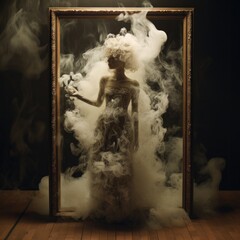 Artistic photo of a woman enveloped in smoke within a large vintage picture frame in a dark setting