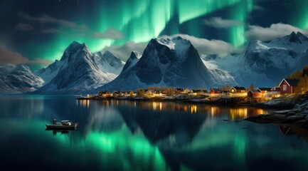 Beautiful aurora borealis illuminating the night sky above snow-covered mountains and a small village