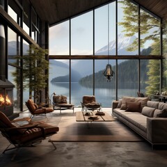 Elegant living room with large windows overlooking serene forest and lake scenery, featuring modern furniture
