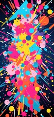 Dynamic explosion of abstract splatter in dark tones with vibrant colors against a black background