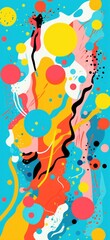 Colorful abstract painting with dynamic splatters and blobs against a bright blue background