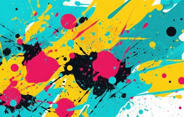 Energetic abstract design with neon splashes of pink and yellow on a turquoise backdrop