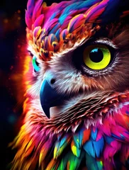 Rolgordijnen Vibrant digital artwork showcasing the intense gaze of a multicolored owl © mockupzord