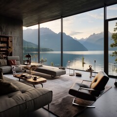 Fototapeta premium Elegant interior design of a living room overlooking a serene mountain lake panorama