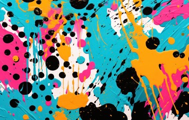 A lively abstract splatter painting with an explosion of black, pink, and yellow dots on a...
