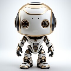 A white and gold robot with big eyes.