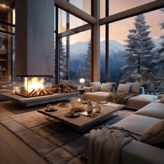 Elegant interior of a modern living room overlooking a snowy mountain landscape through large windows