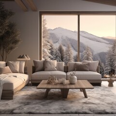 Warm and inviting living room space with panoramic views of a snowy landscape, perfect for winter relaxation