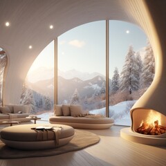 Sleek contemporary living space with curved architecture and snowy mountain view through large window
